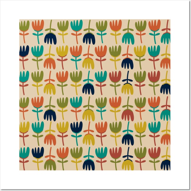 Tulips - Cute Floral Pattern in Midcentury Modern Mustard, Olive, Teal, Orange, Navy Blue and Beige Wall Art by KierkegaardDesignStudio